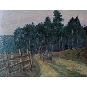 EVENING WALDLANDSCHAFT Vintage Original Ölgemälde eines unbekannten Künstlers aus der Ukraine, 1970er Jahre, Pferd mit Warenkorb, Landschaftsansicht, ländliche Landschaft