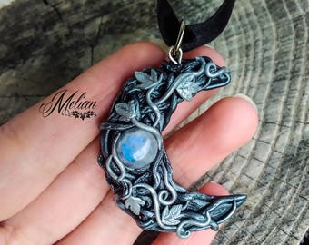 Crescent moon, Magic amulet, magic moon, moonstone pendant, moonstone necklace, moonstone jewelry, moon choker