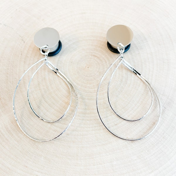 Silver Layered Teardrops Dangle Plugs Gauges Earrings 4g, 2g, 0g, 00g, 7/16, 1/2, 9/16, 5/8, 3/4