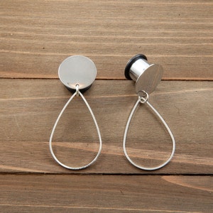 Thin Silver Teardrop Dangle Plug Gauges Earrings 4g, 2g, 0g, 00g, 7/16, 1/2, 9/16, 5/8. 3/4