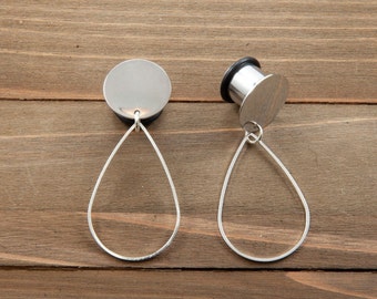 Thin Silver Teardrop Dangle Plug Gauges Earrings 4g, 2g, 0g, 00g, 7/16, 1/2, 9/16, 5/8. 3/4