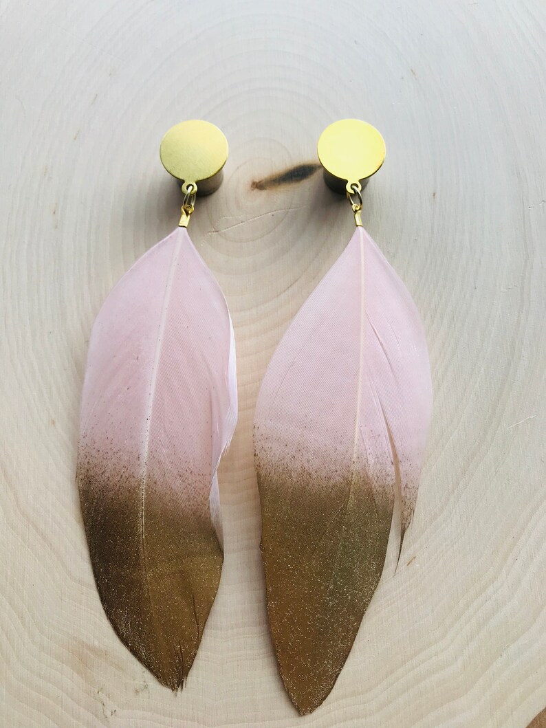 716 916 Pink Gold Dipped Feather Dangle Plug Gauges 4g 00g 34 58 12 2g 0g
