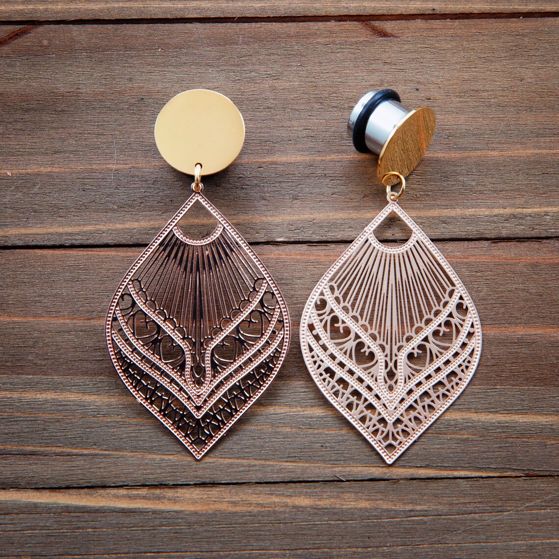 Rose Gold Stamped Metal Laser and Gold Blank Dangle Plug Etsy