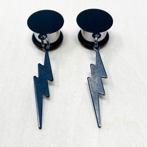Black Lightning Bolt Dangle Plugs Gauges Earrings image 2