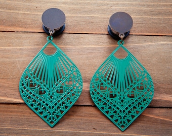 Teal Cutout Fans Plugs Gauges Earrings  4g, 2g, 0g, 00g, 7/16, 1/2, 9/16. 5/8, 3/4