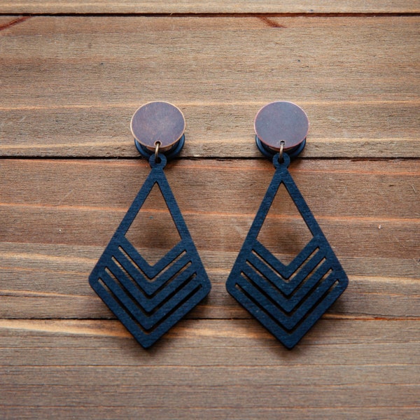 Black Laser Cut Wood Geo Arrow  Dangle Plug Gauges 20g, 4g, 2g, 0g, 00g, 7/16, 1/2, 9/16, 5/8, 3/4