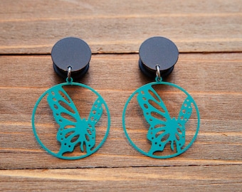 Teal Butterfly Stamped Metal Plugs Gauges 4g, 2g, 0g, 00g, 7/16, 1/2, 9/16, 5/8, 3/4