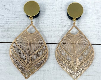 Gold Cutout Fan Dangle Plug Gauge Earrings 4g, 2g, 0g, 00g, 7/16, 1/2, 9/16, 5/8, 3/4