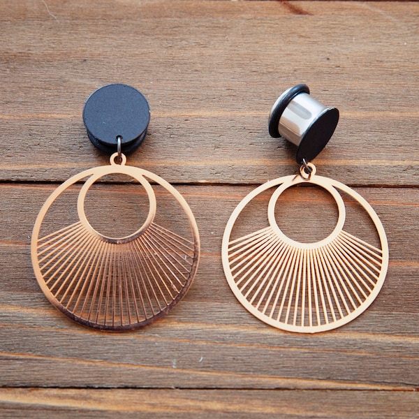 Rose Gold Stamped Metal Circle Cutout  Dangle Gauges 4g, 2g, 0g, 00g, 7/16, 1/2, 9/16, 5/8, 3/4