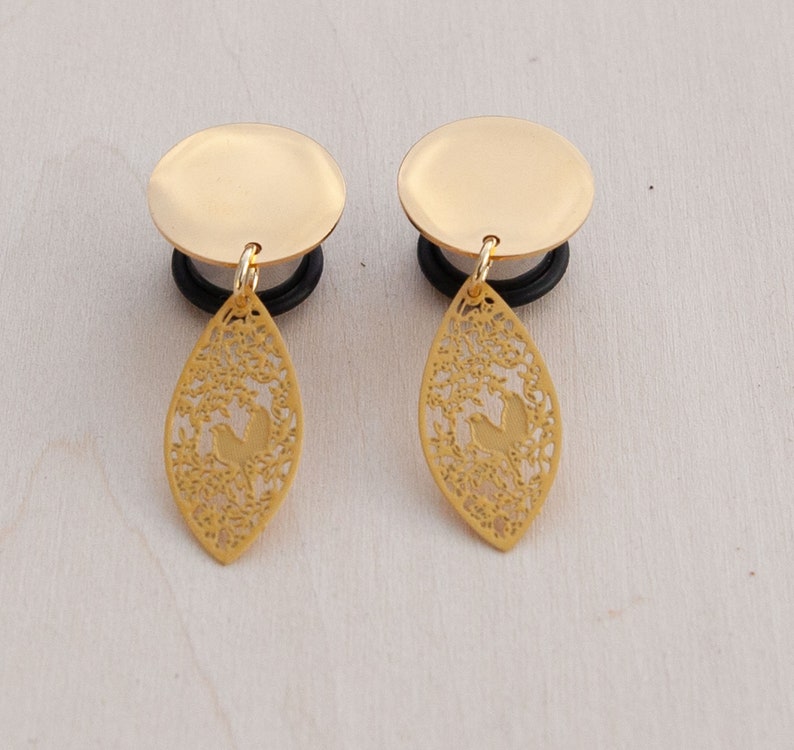 2g 0g 916 00g Small Yellow Love Birds Metal Laser and Gold Blank Dangle Plug Gauges 4g 58 716 34 12