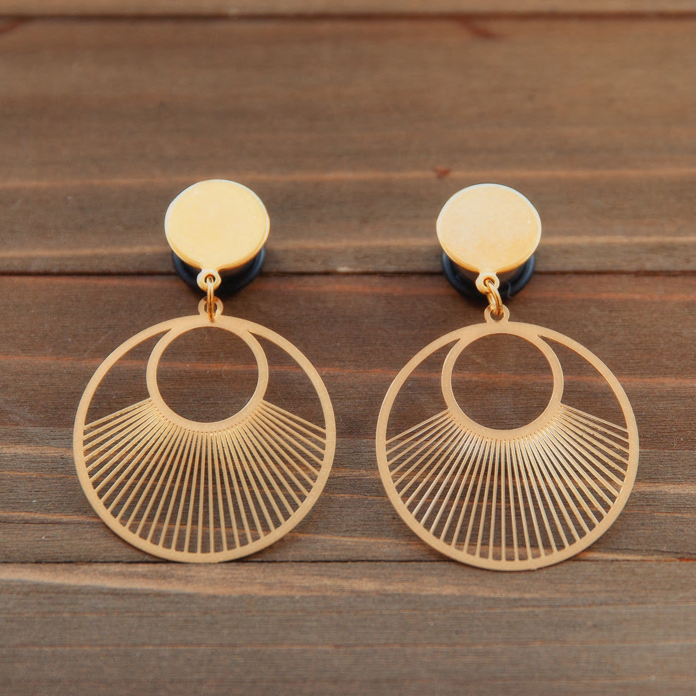 Gold Stamped Metal Circle Cutout Dangle Plug Gauges 4g, 2g, 0g, 00g, 7/16, 1/2, 9/16, 5/8, 3/4