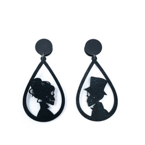 Black Wood Halloween Skeleton Couple Earrings: Gothic Gauges