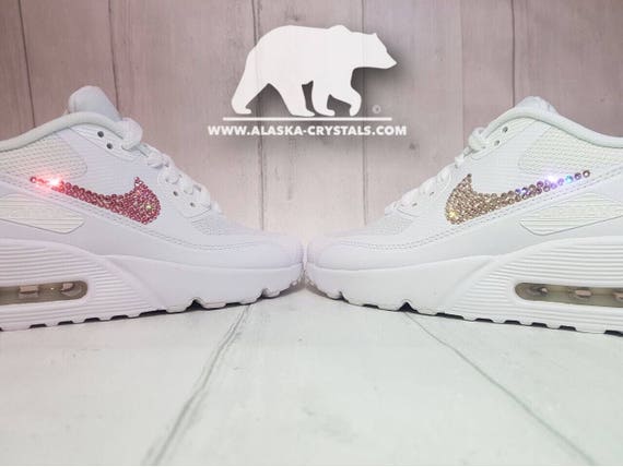 Custom Nike Airmax Sneakers, Mens And Womens Wedding trainers, All White Custom Nike Air Max 90 , Bling Swarovski With Swarovski Crystals Custom Nike Airmax Sneakers, Mens And Womens Wedding trainers, All White Custom Nike Air Max 90 , Bling Swarovski With Swarovski Crystals