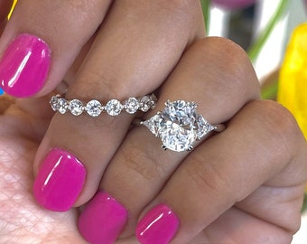 Oval Ring White Gold , 3 CT Oval Cut Engagement Ring, Oval And Trillion Engagement Ring, Three Stone Oval Ring, Prposal Ring , Oval Rings