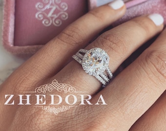 Oval Cut Bridal Set 14k/18k White Gold , Split Shank Oval Ring, Moissanite Oval Ring , Platinum Ring, Oval Engagement Ring , Wedding Set