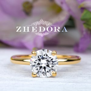 Anillo de compromiso de oro amarillo de 14 quilates, anillo de compromiso de corte redondo de 1 quilates, anillo de compromiso sencillo, anillo de bodas clásico, anillo de diamantes simulados
