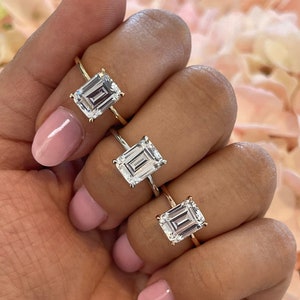 Yellow Gold Emerald Cut Engagement Ring in 14K/ 18K, Platinum Engagement Ring, Hidden Halo, Dainty Engagement Ring , Moissanite Ring