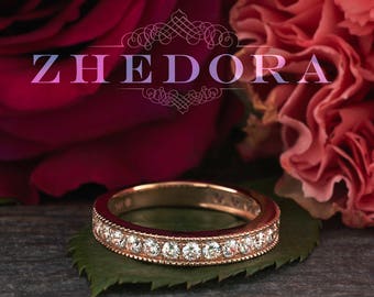 14k Rose Gold Wedding Band, Solid Gold Diamond Band , Vintage Diamond Band , Moissanite eternity Band , Stackable Band Zhedora, Gift for her