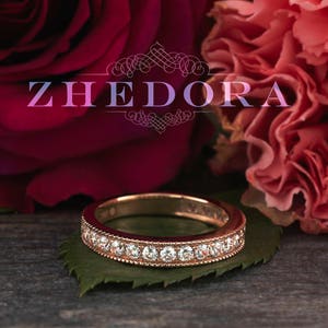 14k Rose Gold Wedding Band, Solid Gold Diamond Band , Vintage Diamond Band , Moissanite eternity Band , Stackable Band Zhedora, Gift for her