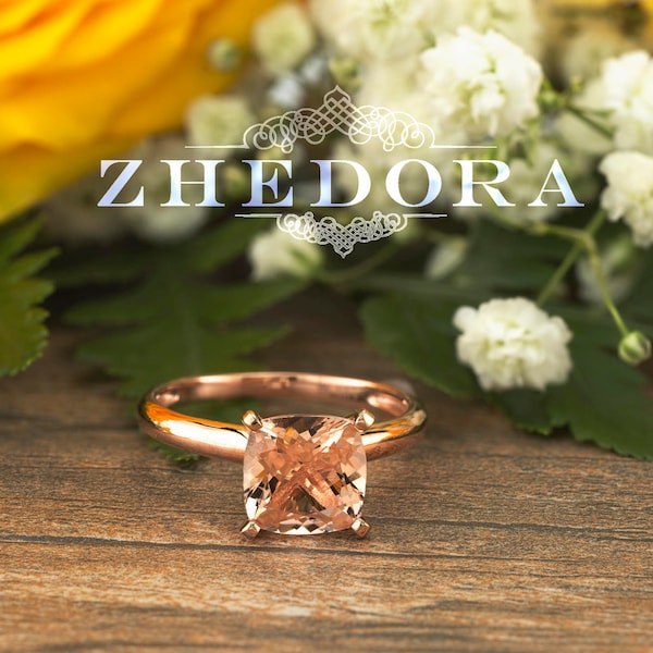 Cushion Morganite Engagement Ring in 14k/18k Rose Gold , Cushion Morganite Solitaire Ring, Rose Gold Morganite Ring, Cushion Cut Morganite