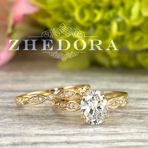 SOLID Yellow Gold Oval Cut Engagement Ring Set , Art Deco Ring , 2 CT Oval Ring , Engagement Ring for Women , Engagement Rings On sale