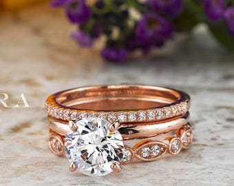 Rose Gold Stacking Bridal Set, Trio Wedding Set , Bridal Sets Diamonds , Ring for Wife , Stackable Bands, Engagement Ring,  Moissanite Ring