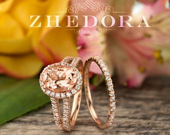Oval Morganite Engagement Ring, 14k Rose Gold Split Shank Bridal Set