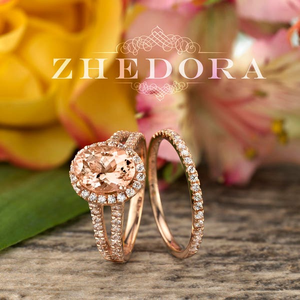 Oval Morganite Engagement Ring rose gold , Oval Cut Morganite Bridal Set, Split Shank Morganite Ring, Morganite Bridal Set  Zhedora