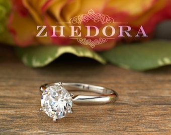 Forever One Round Solitaire Engagement Ring Solid 14k/18k White Gold, 2.0 CT, Moissanite Wedding Ring, Moissanite Engagement Ring By Zhedora