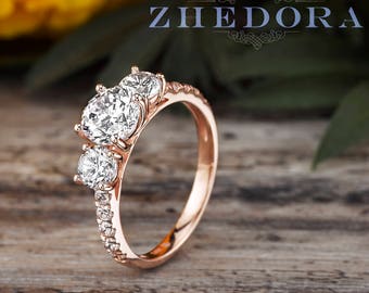 Three Stone Engagement Ring in 14K/18K Rose Gold , Past Present Future Engagement Ring, Moissanite  Ring, Forever One Moissanite Ring