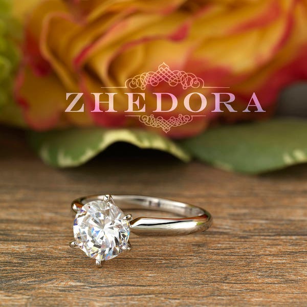 Forever One Round Solitaire Engagement Ring Solid 14k/18k White Gold, 2.0 CT, Moissanite Wedding Ring, Moissanite Engagement Ring By Zhedora