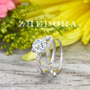 Anillo de novia de moissanita en oro blanco, anillo de compromiso de corte redondo, anillo para esposa, anillo de compromiso art déco, anillo vintage, anillo de moissanita.