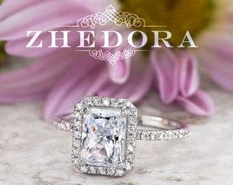 Moissanite Radiant Cut Engagement Ring in 14k/18k White Gold, Halo Radiant Cut Bridal Ring, Radiant Engagement Ring, Moissanite Radiant Cut
