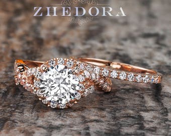 2.15 CT Round Cut Engagement Ring set Solid 14k/ 18k Rose Gold, Moissanite Wedding Set ,White Sapphire Bridal Set,  Forever One Bridal Set