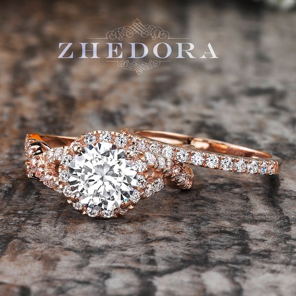 2.15 CT Round Cut Engagement Ring set Solid 14k/ 18k Rose Gold, Moissanite Wedding Set ,White Sapphire Bridal Set,  Forever One Bridal Set