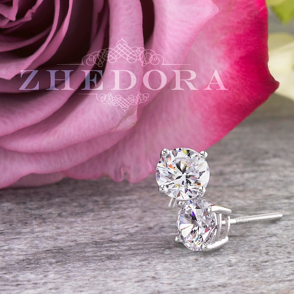 Orecchini a bottone rotondi con chiusura a vite da 2,0 CT in oro bianco 14k, orecchini a bottone in oro bianco, orecchini a bottone con zaffiro bianco, orecchini con moissanite Zhedora