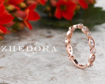 Stacking Scalloped Wedding band in 14k /18k Real Rose Gold , Art deco Band, Stacking Wedding band, Diamond Band , Rose Gold Stackable Band