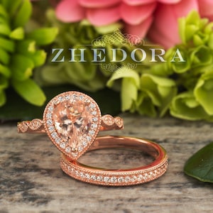Rose Gold Morganite Pear Shape Ring Set, Pear Morganite Engagement Ring , Morganite Wedding Set, Pear Cut Morganite Ring Set, Morganite Pear