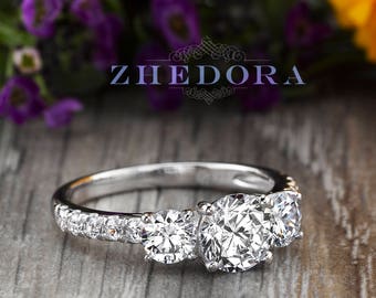 Three Stone Engagement Ring 14K/18k White Gold Bridal, Past Present Future Ring, Moissanite Engagement Ring, Three stone Moissanite Ring