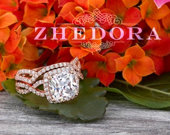 Cushion Cut Moissanite Bridal Set, Swirl Band, 14k Rose Gold Engagement Ring