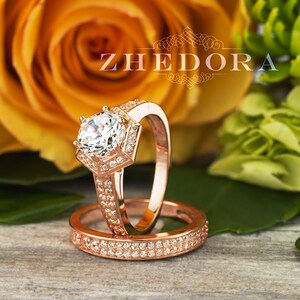 Hexagon Bridal Set in 14k/18k Rose Gold,  Hexagon Moissanite Bridal Set, White Sapphire Round Ring, Hexagon Ring , Hexagon Wedding Set