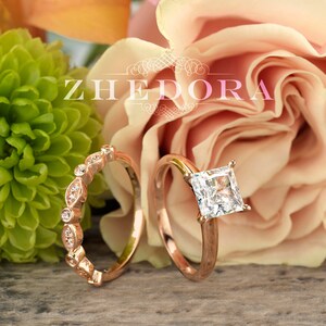 Rose Gold Princess Cut Wedding Set / 2.0 ct Princess cut moissanite engagement ring set, Engagement Ring , Art Deco Ring
