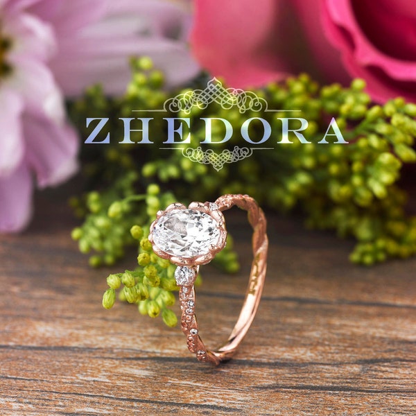 Solid Rose Gold Oval Cut Engagement Ring , Vintage Engagement Ring, Flower Ring by Zhedora, Oval Ring, Cable Band Ring, Moissanite Oval Ring