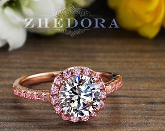 2.50 CT Pink Engagement Ring in 14k/18k Rose Gold, Halo Engagement Ring, White Sapphire Ring, Forever One Moissanite Engagement Ring Zhedora