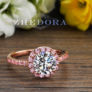 2.50 CT Pink Engagement Ring in 14k/18k Rose Gold, Halo Engagement Ring, White Sapphire Ring, Forever One Moissanite Engagement Ring Zhedora