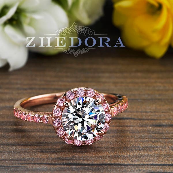 2.50 CT Pink Engagement Ring in 14k/18k Rose Gold, Halo Engagement Ring, White Sapphire Ring, Forever One Moissanite Engagement Ring Zhedora