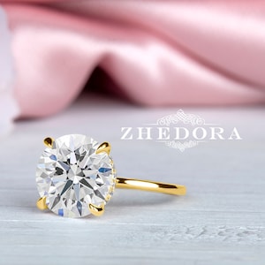 Hidden Halo Yellow Gold Round Engagement Ring, 4 CT Round Wedding Ring, Moissanite Engagement Rings, Lab Diamond Ring, Flashy Wedding Ring