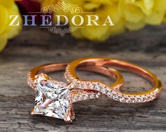 Princess Cut Wedding Set in Solid 14k/18k Rose Gold 2.25 TCW , Princess Cut Wedding Set, Princess Cut Ring , Moissanite Bridal Set Zhedora