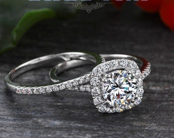 2.20 CT Round Halo Engagement Ring Set 14k/18k White Gold,Cushion Halo Ring,Round Moissanite Ring, Forever One Round Cut Ring, Halo Ring Set