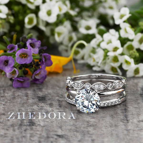 Anillo nupcial apilable de oro blanco de 2 quilates, anillo nupcial de diamantes redondos, anillos apilables de moissanita, anillo de 3 anillos, anillo de oro auténtico de moissanita.